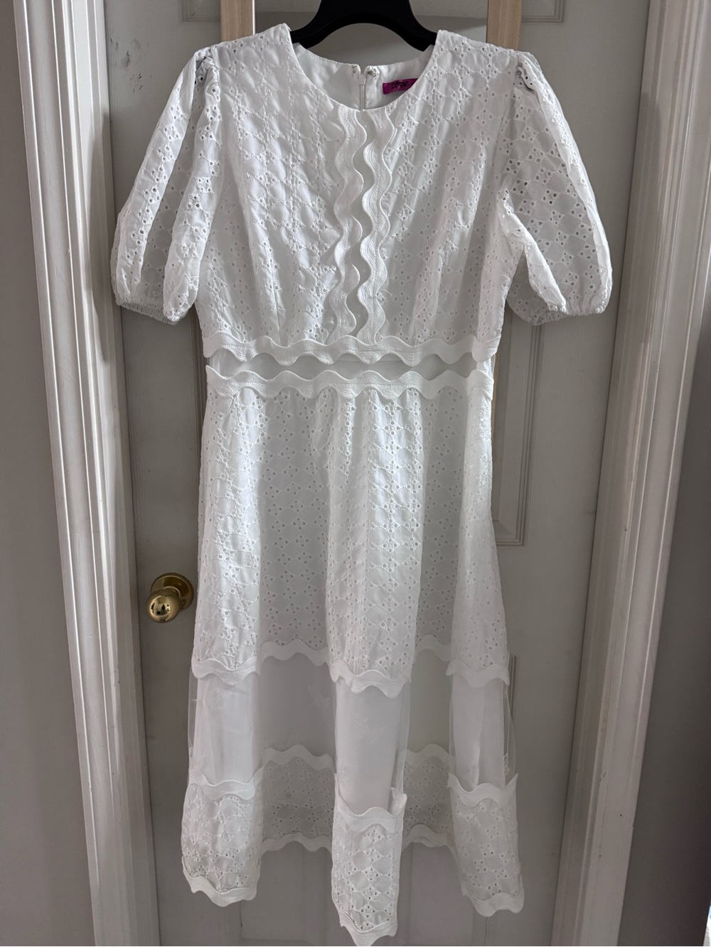 White Eyelet Midi Dress with Scalloped Trim nwot